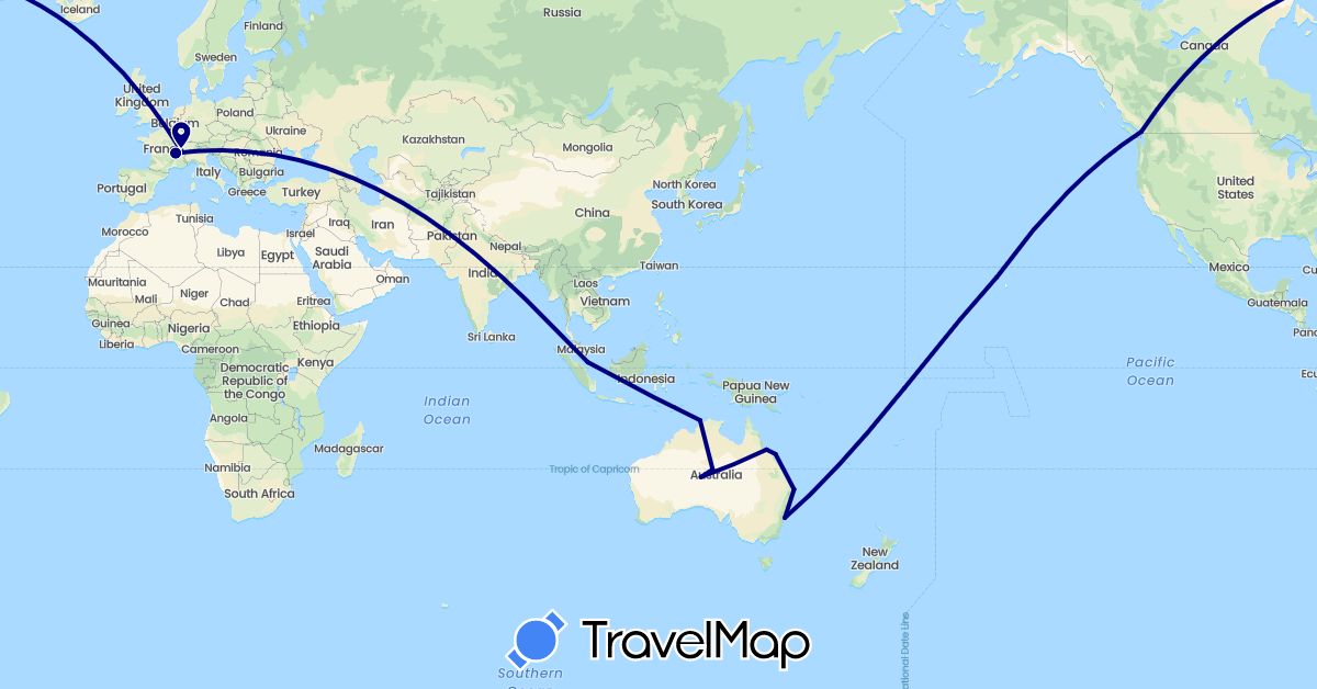 TravelMap itinerary: driving in Australia, Canada, Switzerland, France, Singapore, United States (Asia, Europe, North America, Oceania)